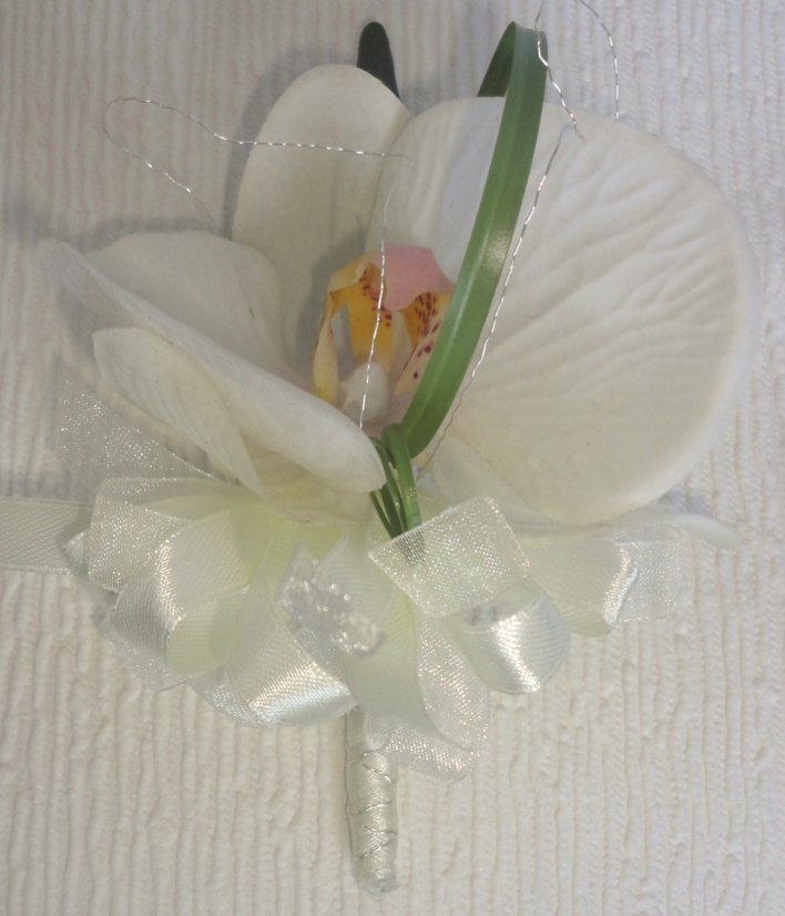 Real Touch Ivory Orchid Corsage with Silver Glitz Wire Detail & Beargrass Loop